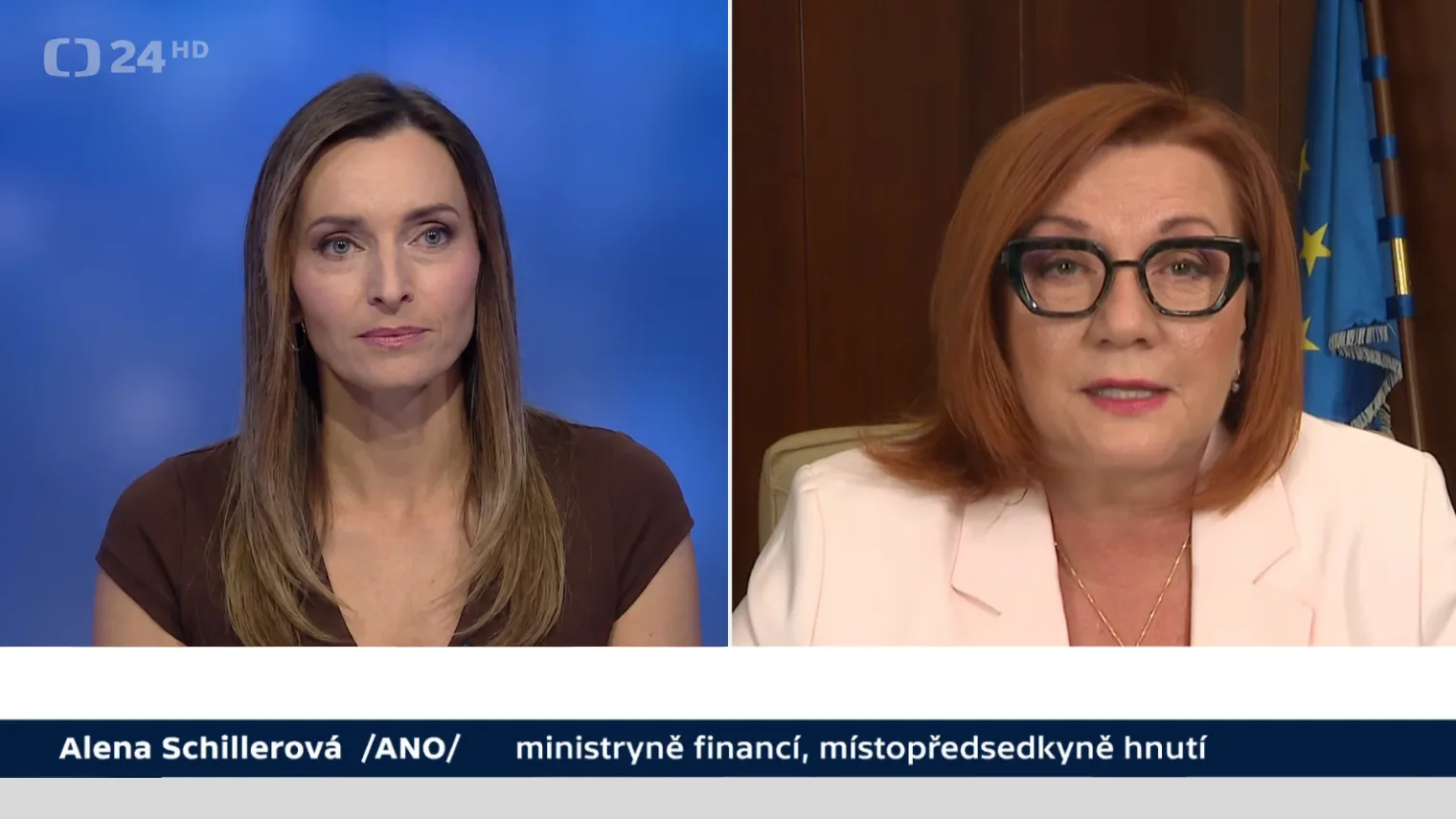 Dva panely z Nedělní debaty na ČT1 — vlevo moderátorka Jana Peroutková, vpravo Alena Schillerová.